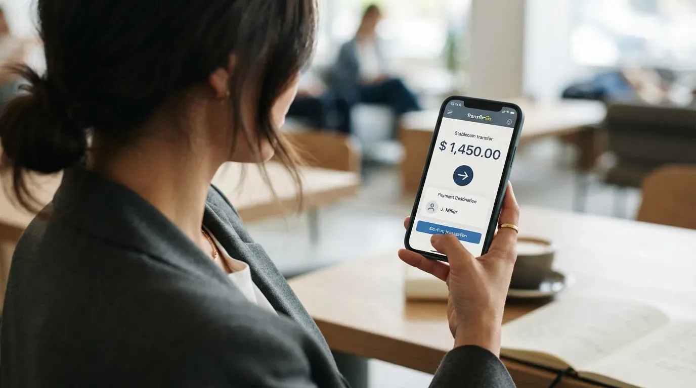 A phone showing a stablecoin transfer screen