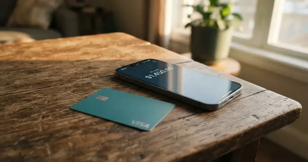 A payment card next to a phone with a crypto wallet app open