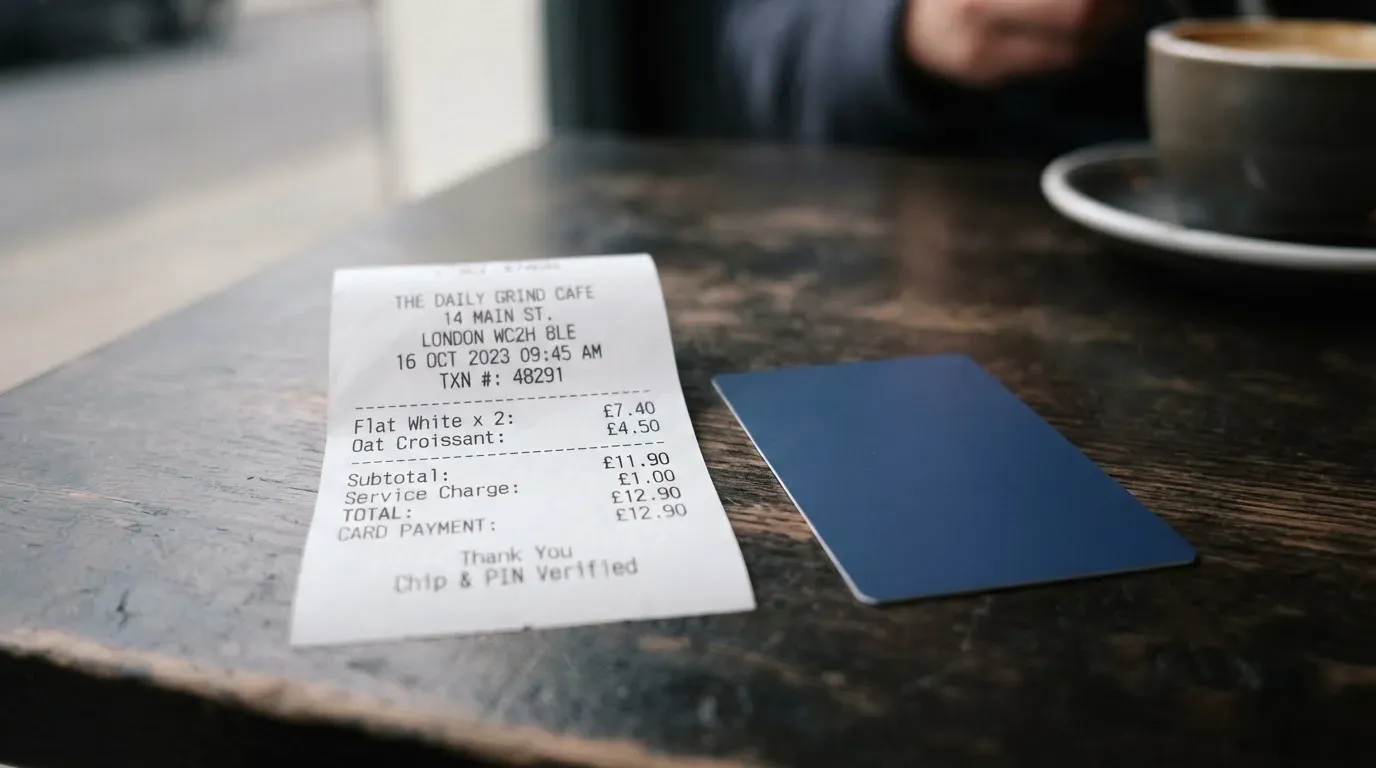 A receipt and a card on a café table