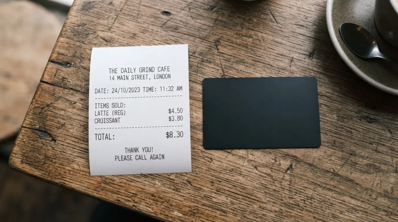 A receipt and a card on a café table