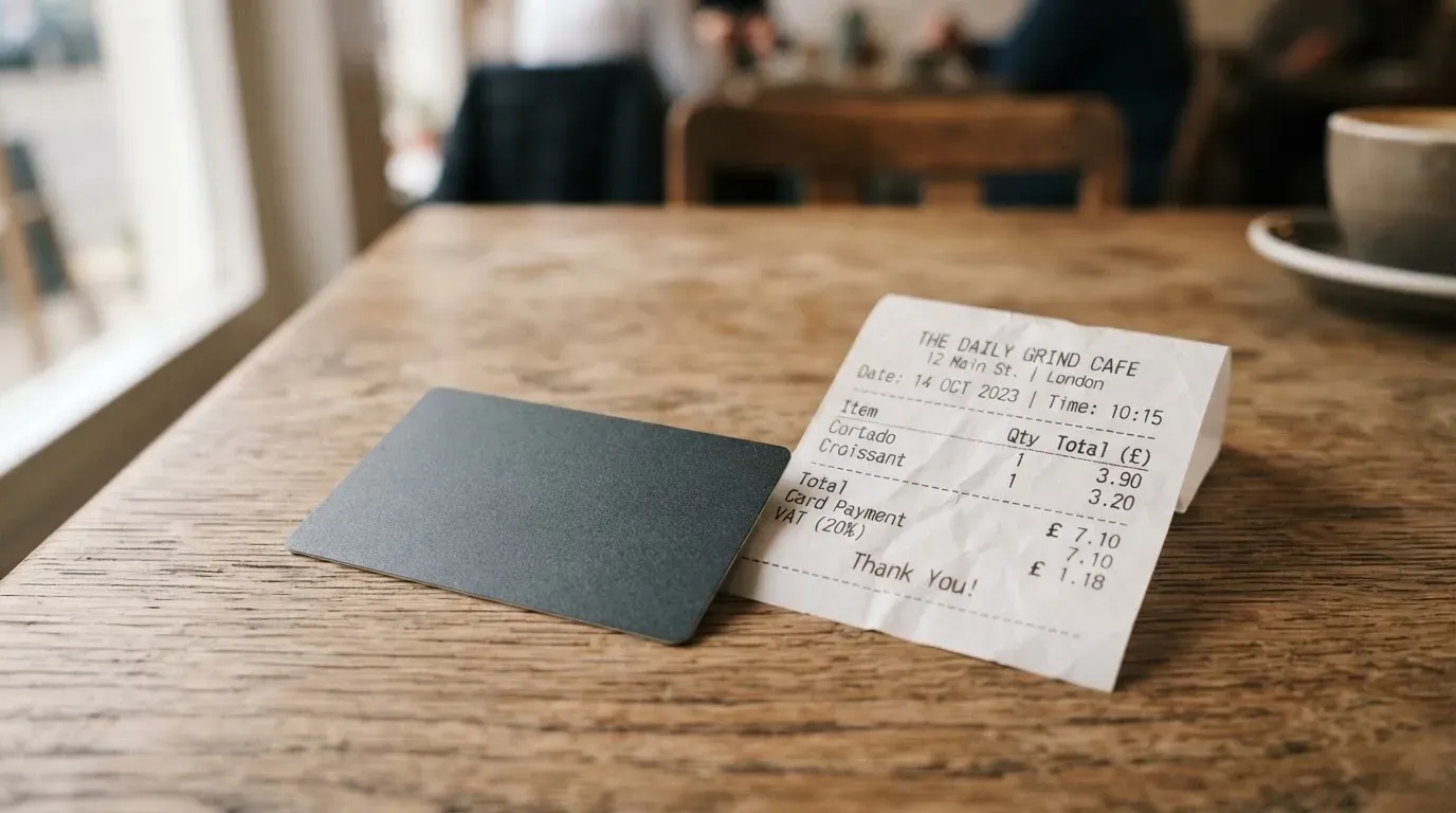 A receipt and a card on a café table