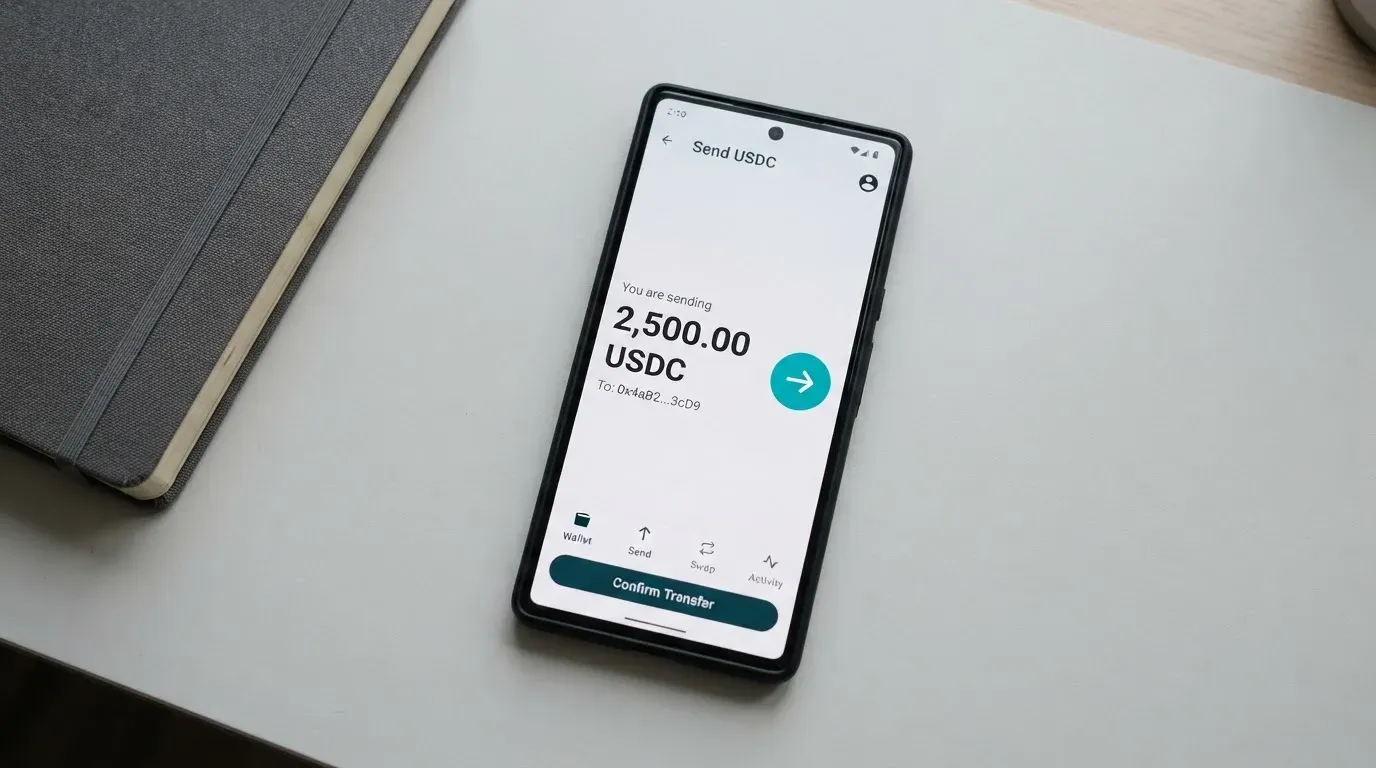 A phone showing a stablecoin transfer screen