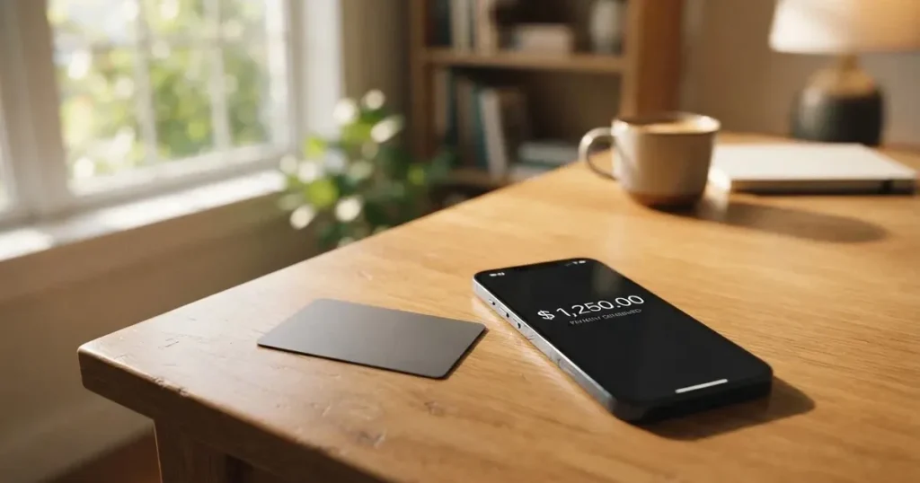 A payment card next to a phone with a crypto wallet app open
