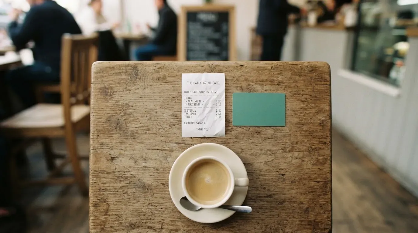 A receipt and a card on a café table
