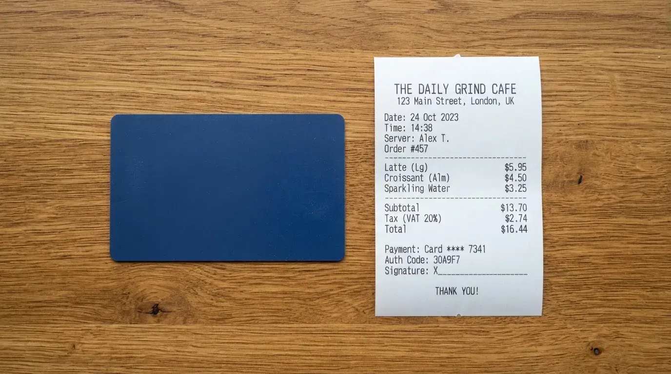 A receipt and a card on a café table