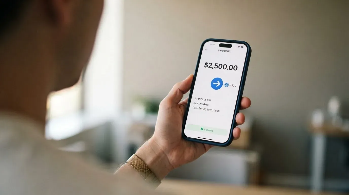 A phone showing a stablecoin transfer screen