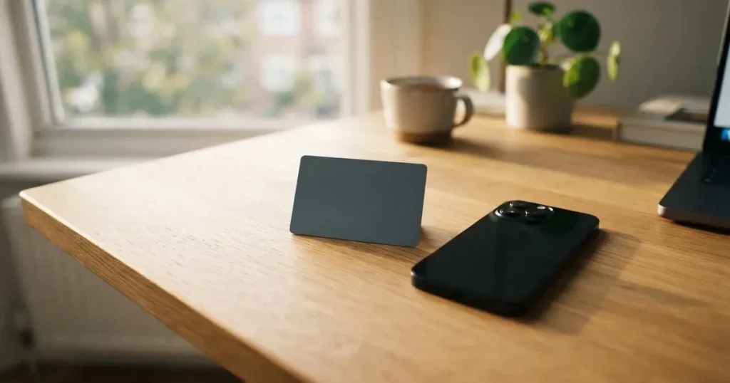A payment card next to a phone with a crypto wallet app open