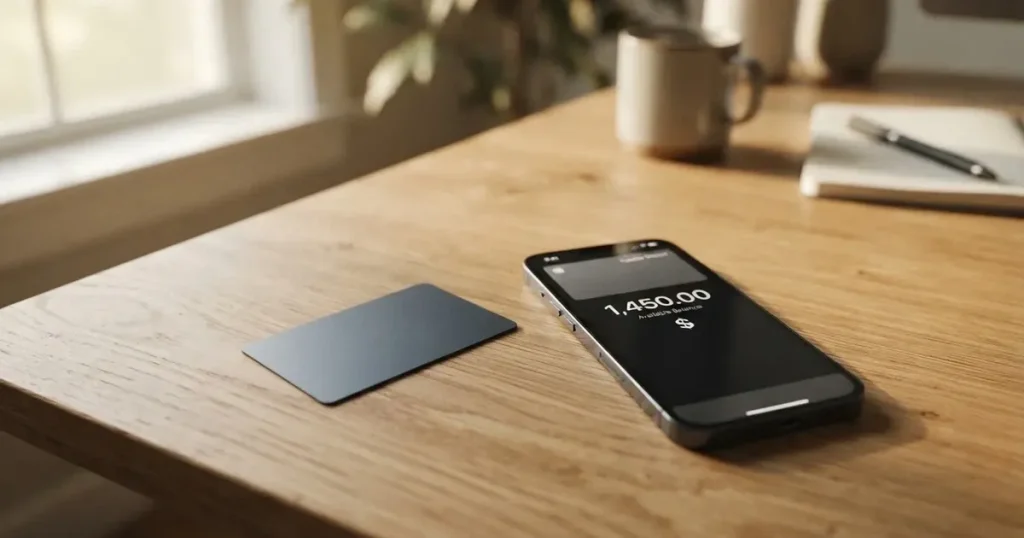 A payment card next to a phone with a crypto wallet app open