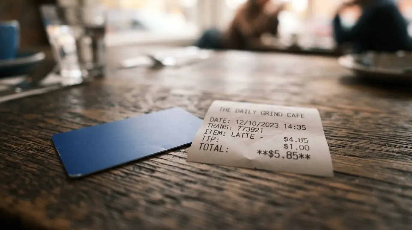 A receipt and a card on a café table