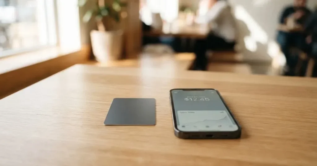 A payment card next to a phone with a crypto wallet app open