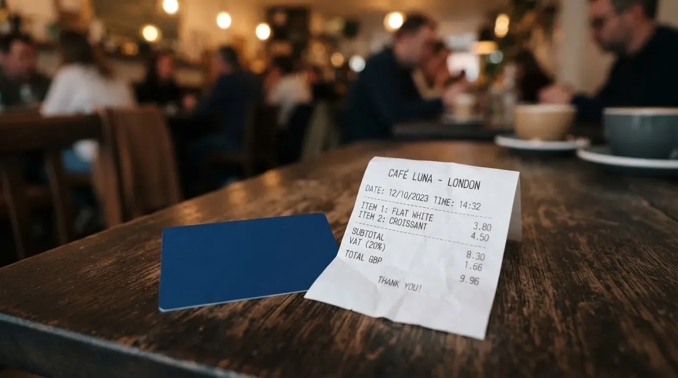 A receipt and a card on a café table