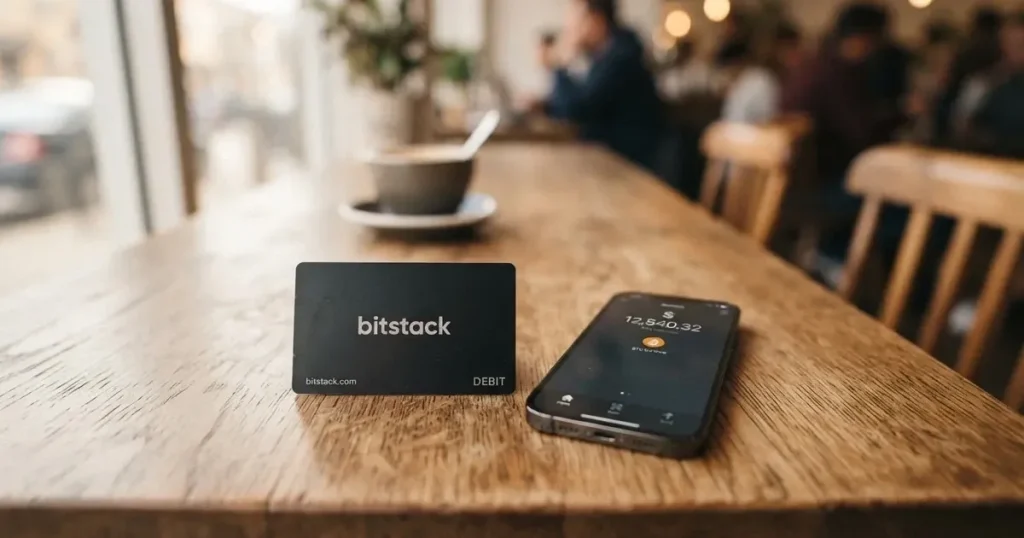 A payment card next to a phone with a crypto wallet app open