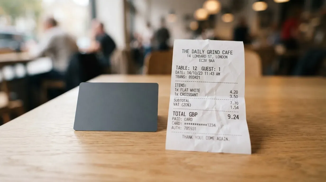 A receipt and a card on a café table