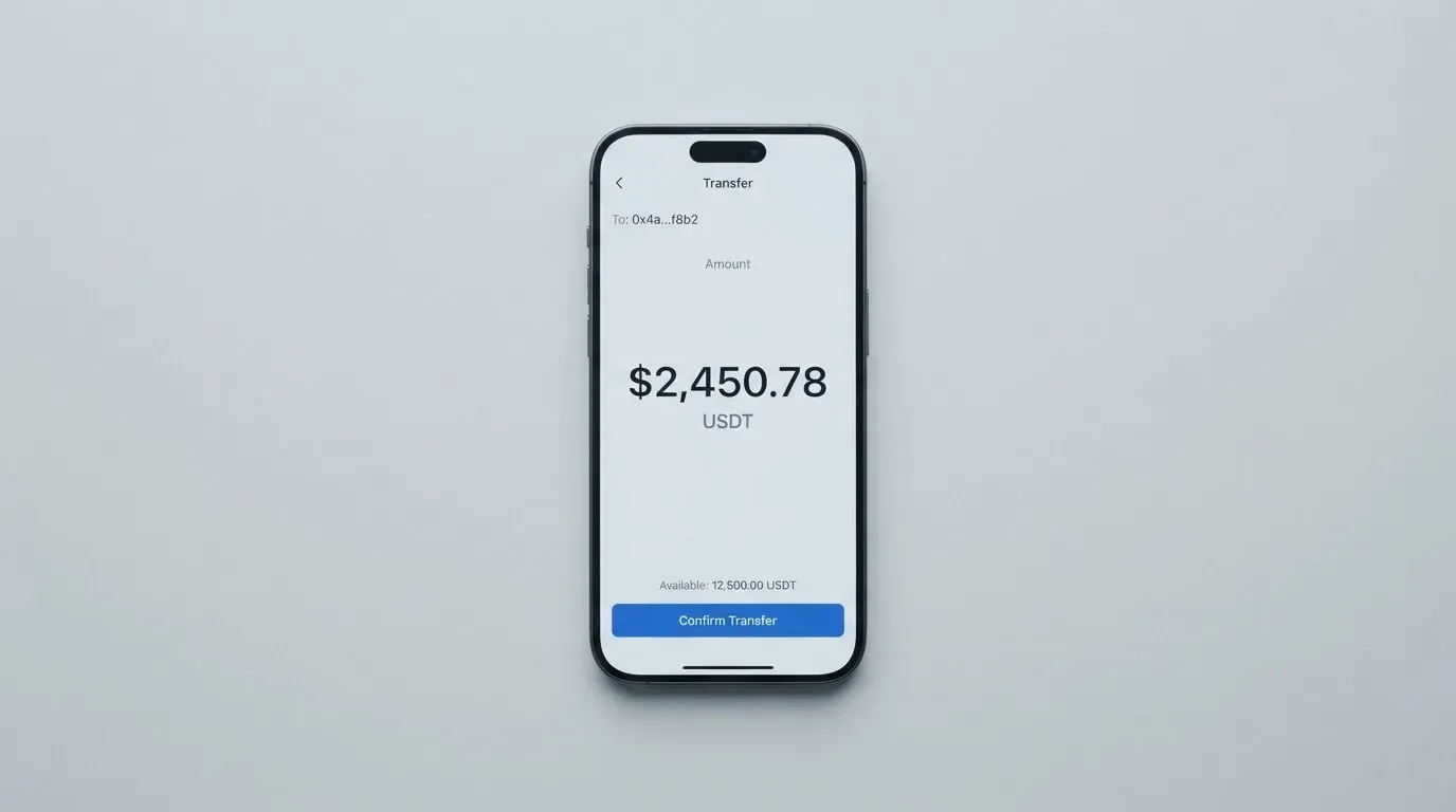 A phone showing a stablecoin transfer screen