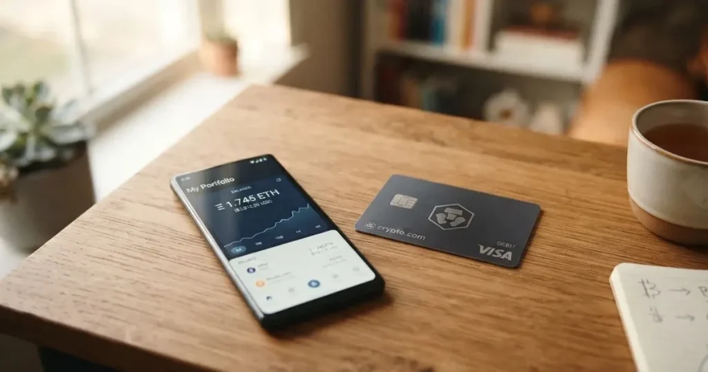 A payment card next to a phone with a crypto wallet app open