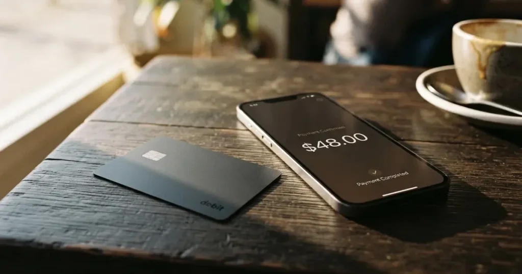 A payment card next to a phone with a crypto wallet app open