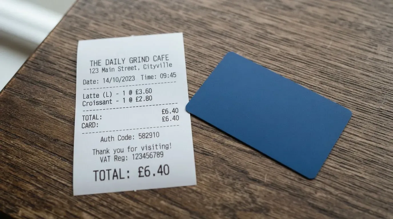 A receipt and a card on a café table