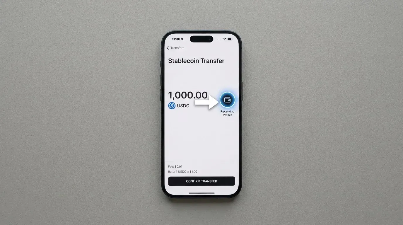 A phone showing a stablecoin transfer screen