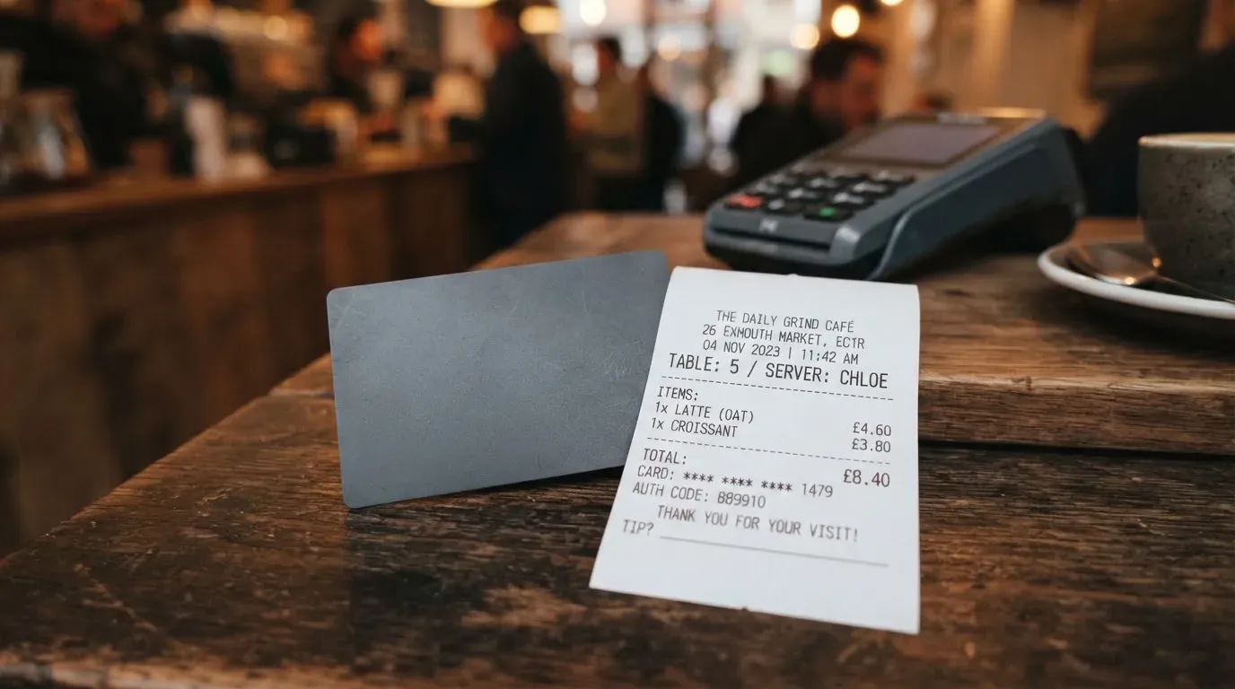 A receipt and a card on a café table