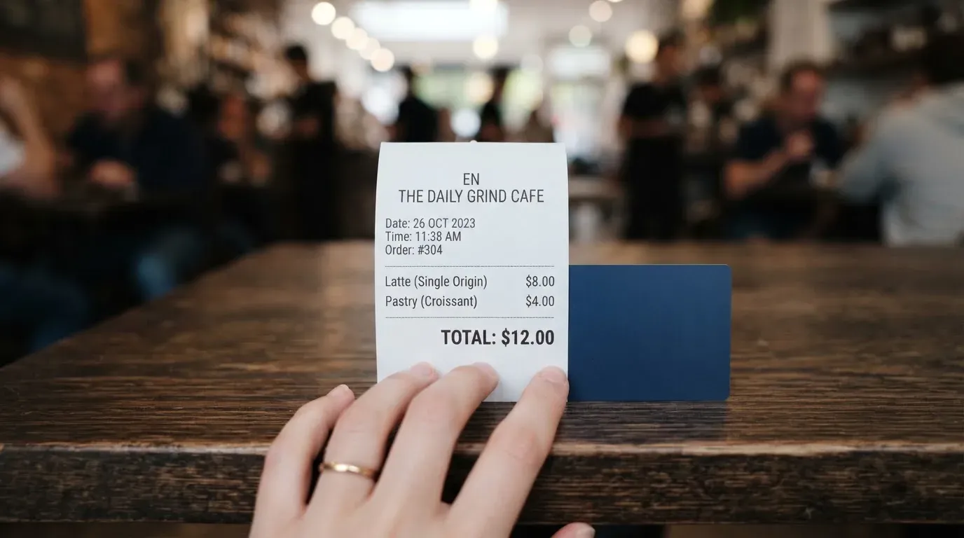 A receipt and a card on a café table