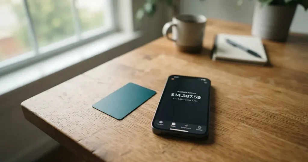 A payment card next to a phone with a crypto wallet app open