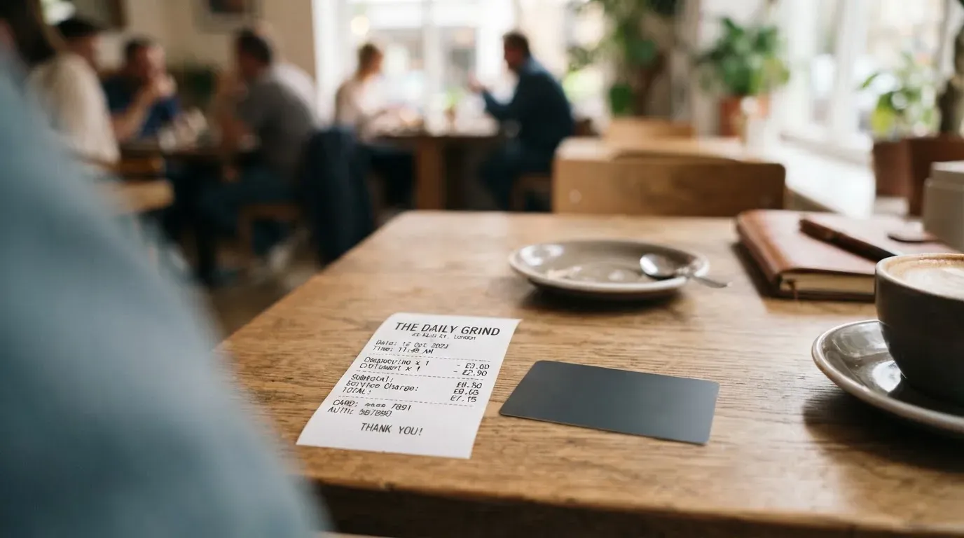 A receipt and a card on a café table