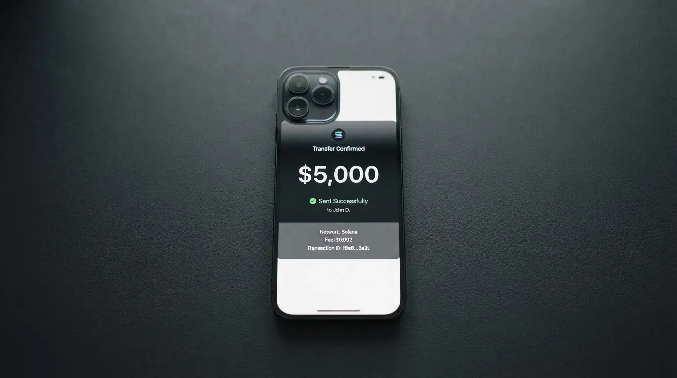 A phone showing a stablecoin transfer screen