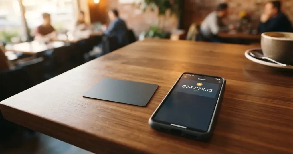 A payment card next to a phone with a crypto wallet app open