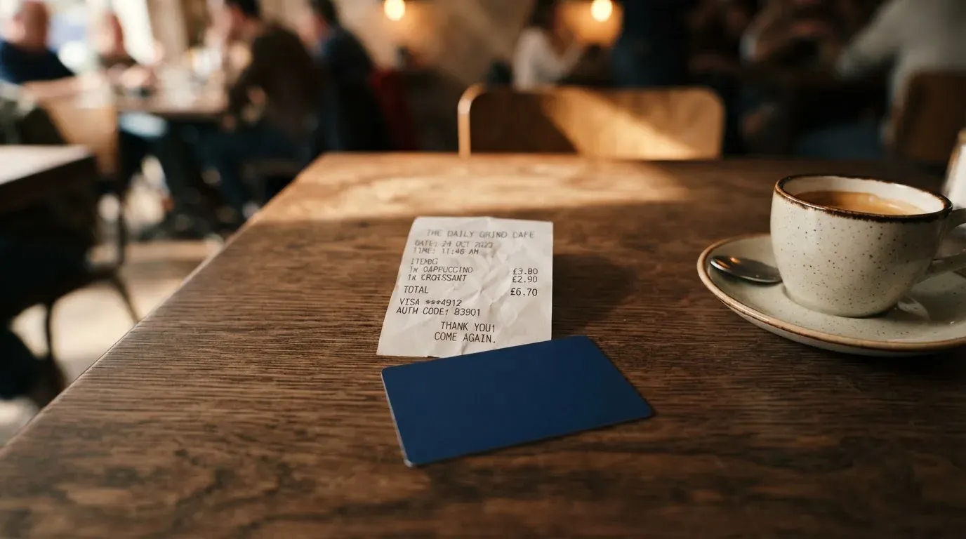 A receipt and a card on a café table
