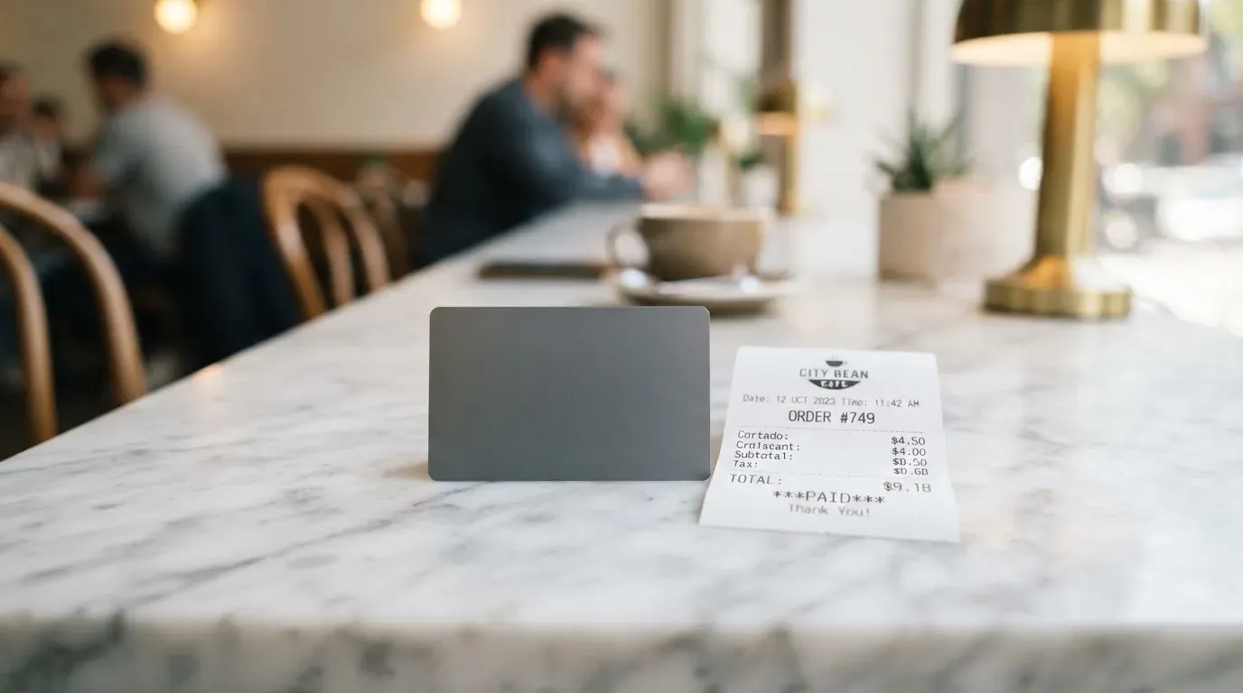 A receipt and a card on a café table