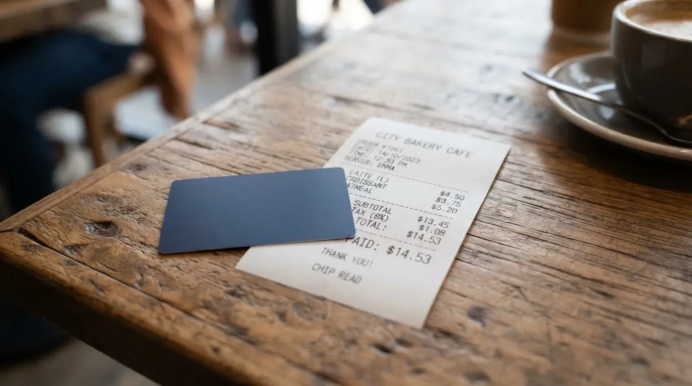 A receipt and a card on a café table