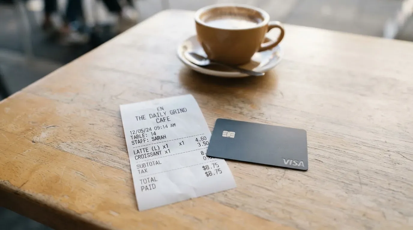 A receipt and a card on a café table