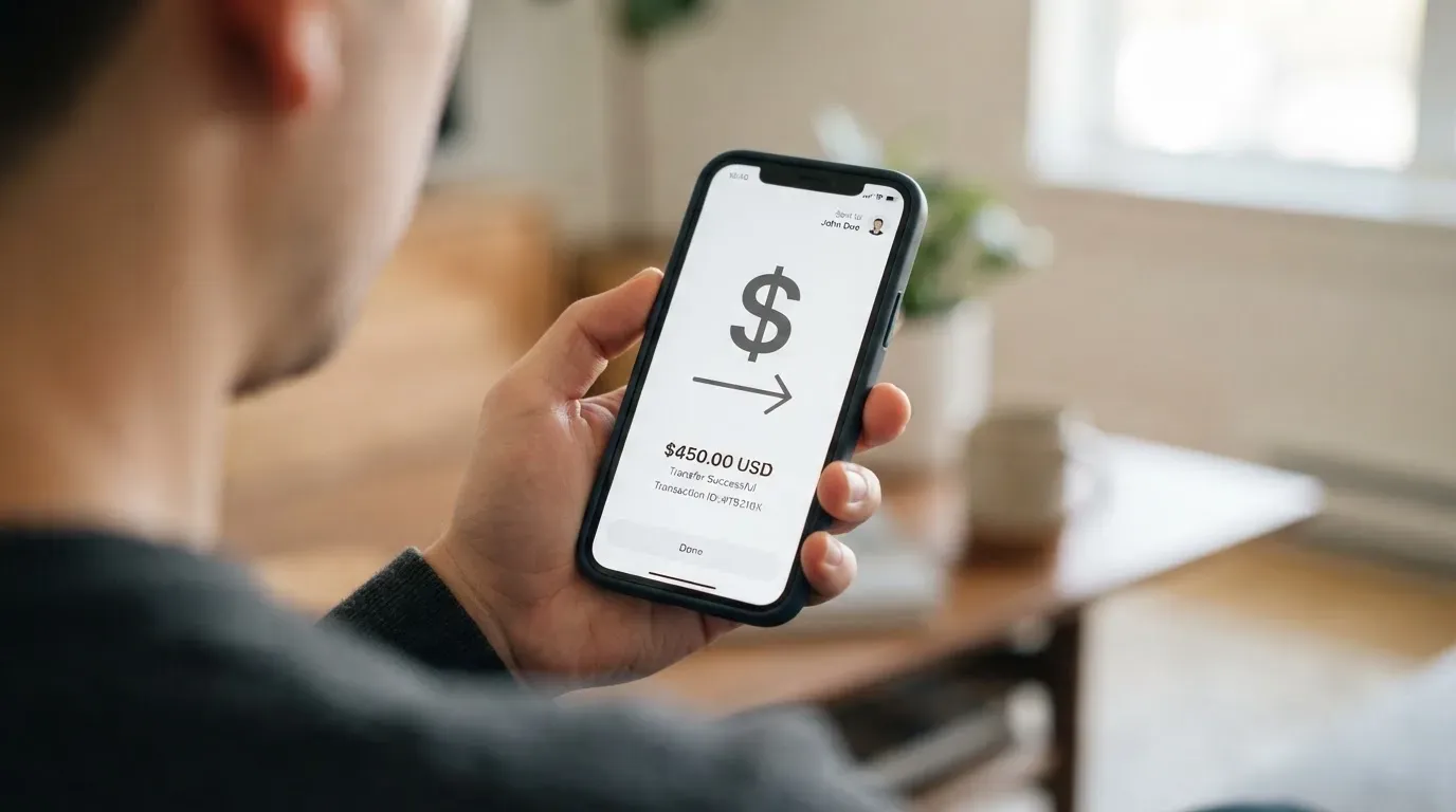 A phone showing a stablecoin transfer screen