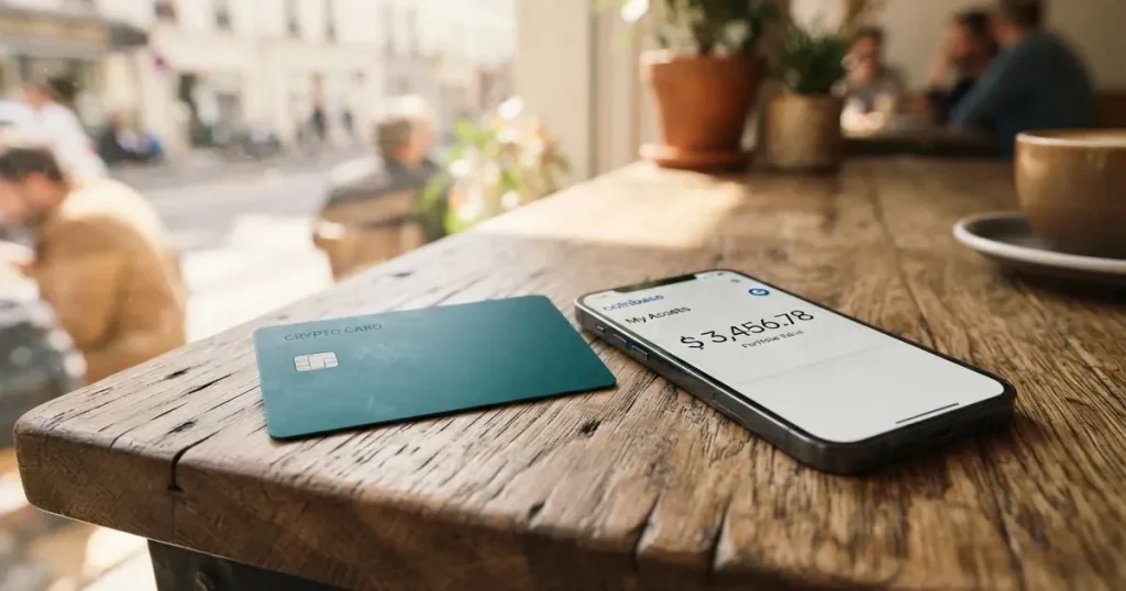 A payment card next to a phone with a crypto wallet app open