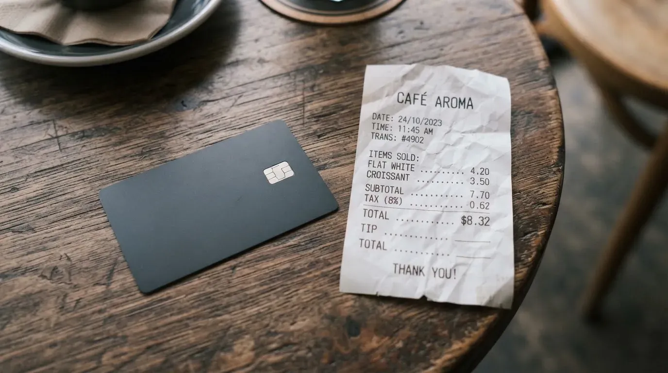 A receipt and a card on a café table