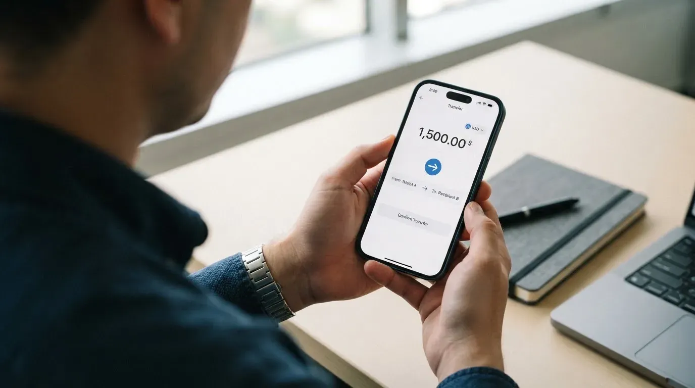 A phone showing a stablecoin transfer screen