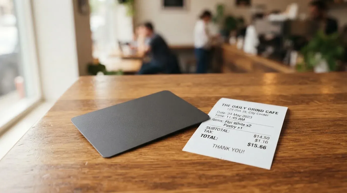 A receipt and a card on a café table