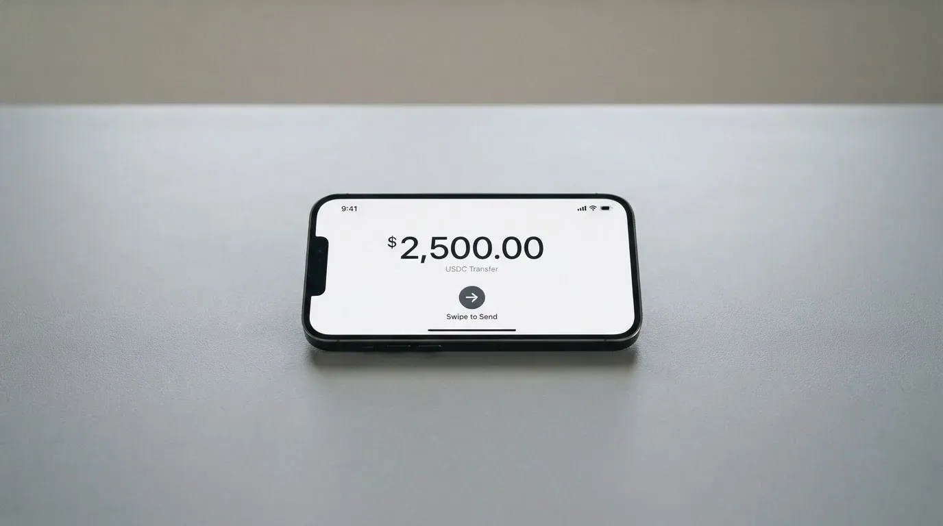 A phone showing a stablecoin transfer screen