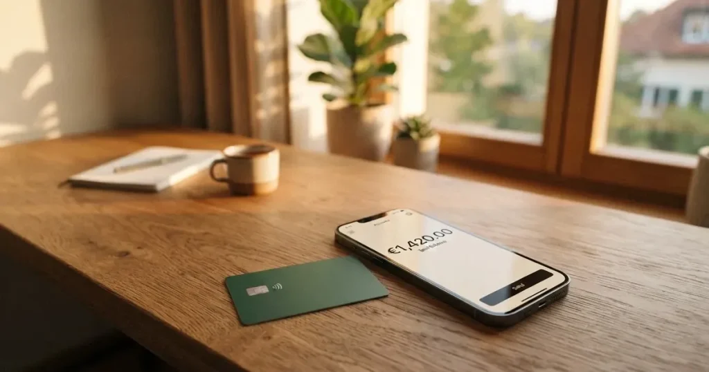 A payment card next to a phone with a crypto wallet app open