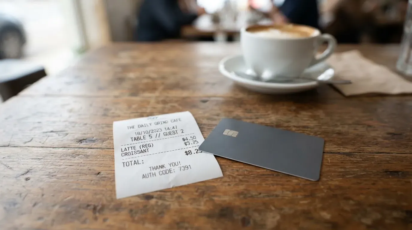 A receipt and a card on a café table