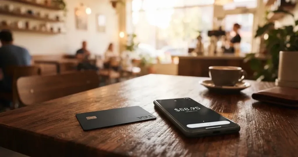 A payment card next to a phone with a crypto wallet app open
