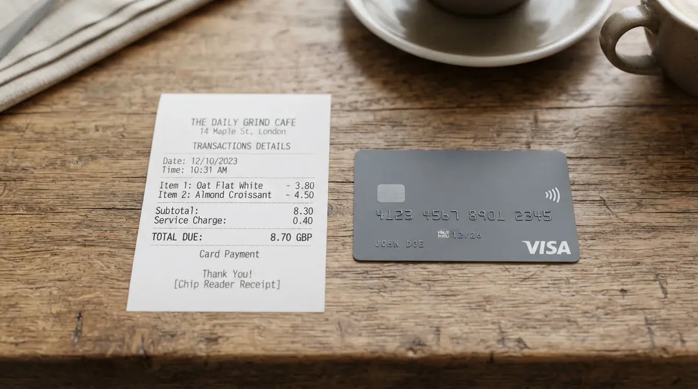A receipt and a card on a café table