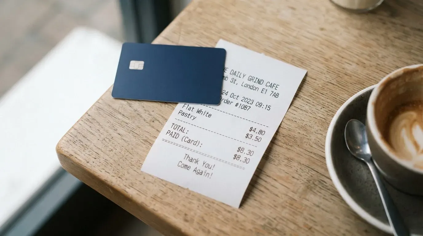 A receipt and a card on a café table