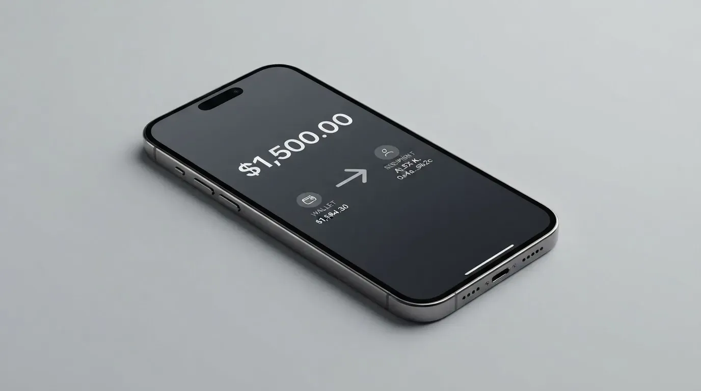 A phone showing a stablecoin transfer screen
