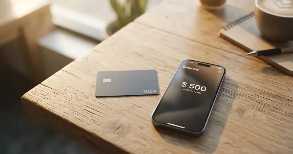 A payment card next to a phone with a crypto wallet app open