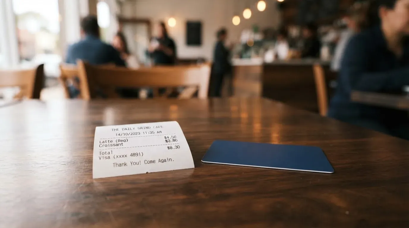 A receipt and a card on a café table