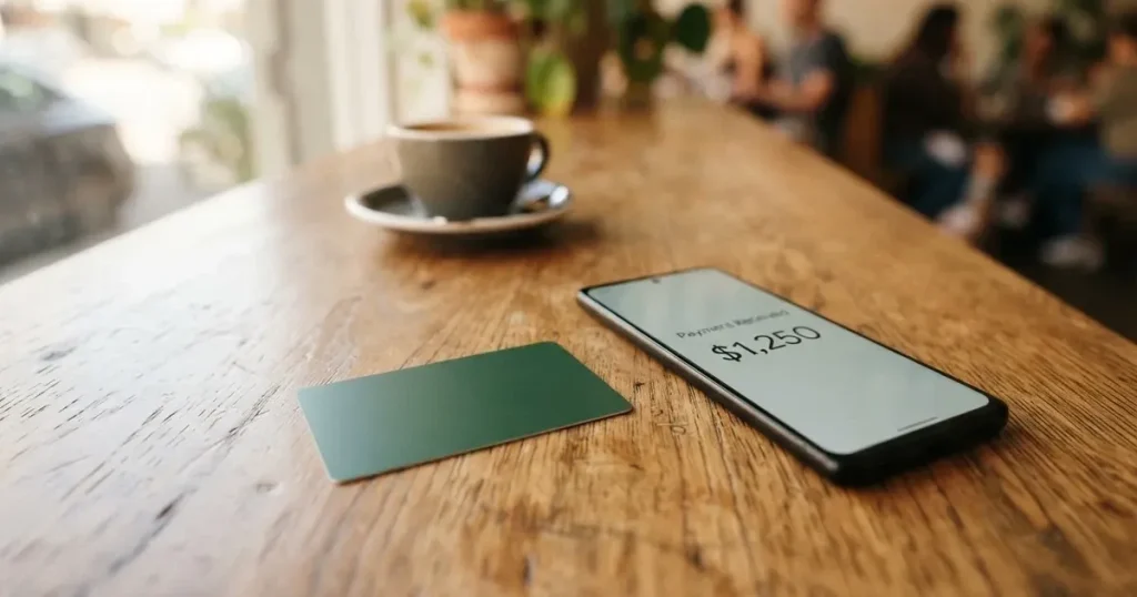 A payment card next to a phone with a crypto wallet app open