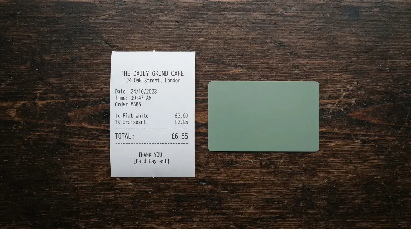 A receipt and a card on a café table