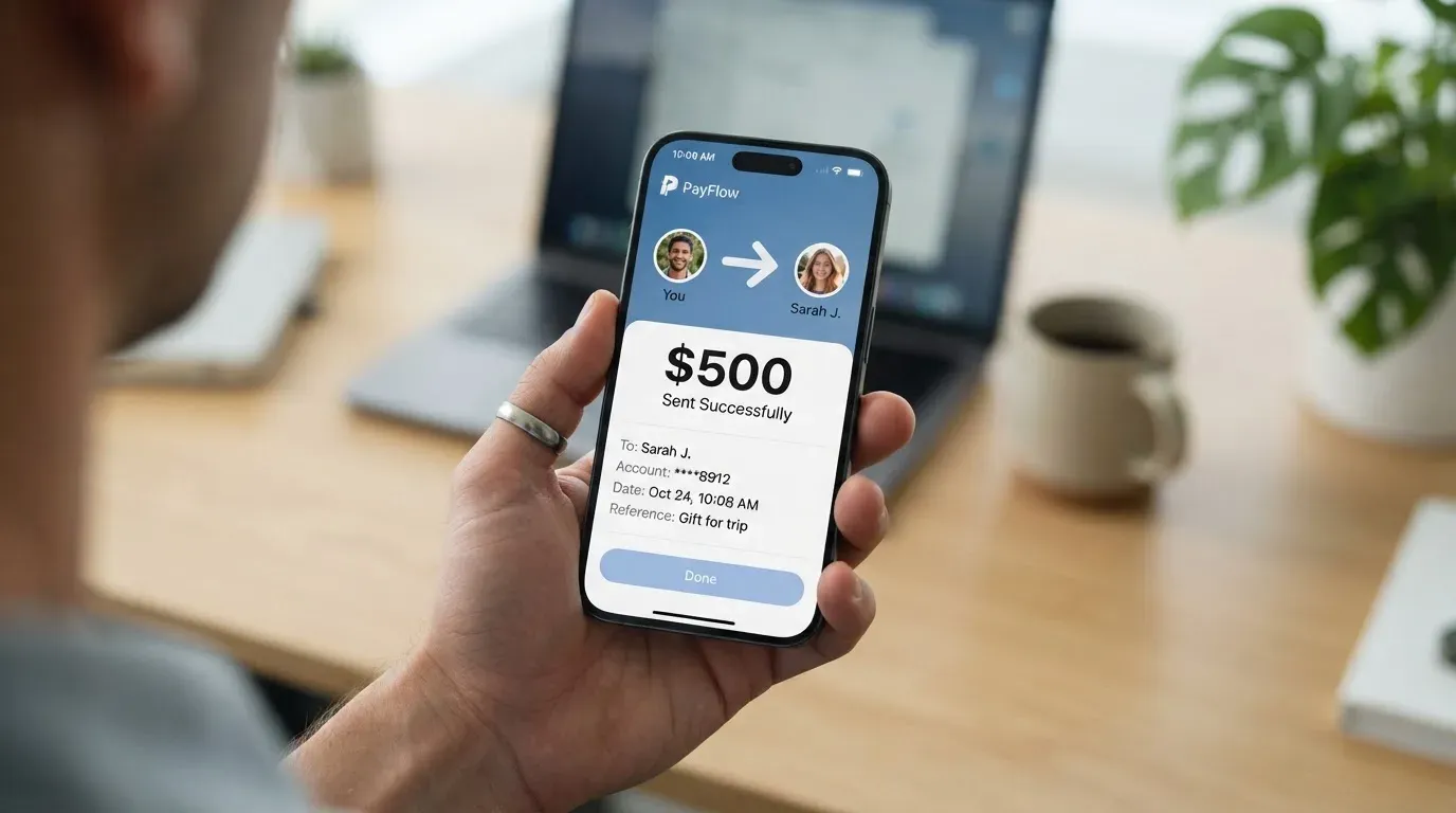 A phone showing a stablecoin transfer screen