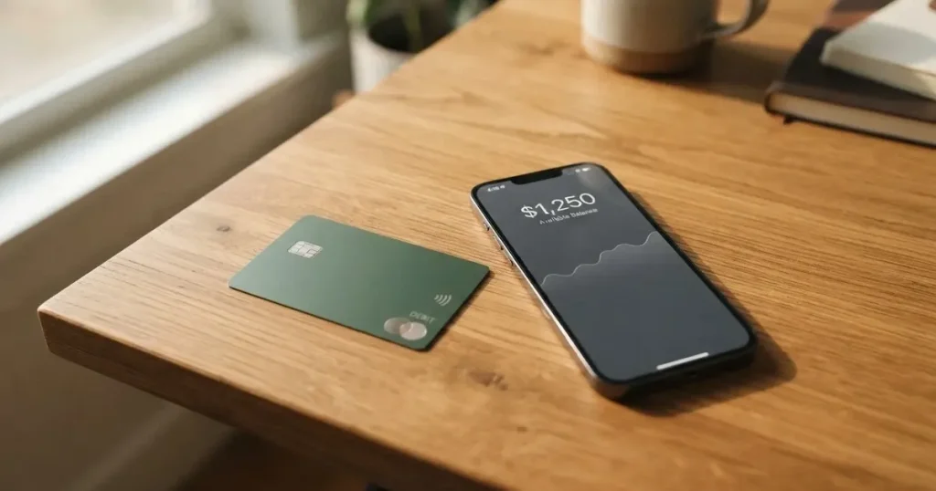 A payment card next to a phone with a crypto wallet app open
